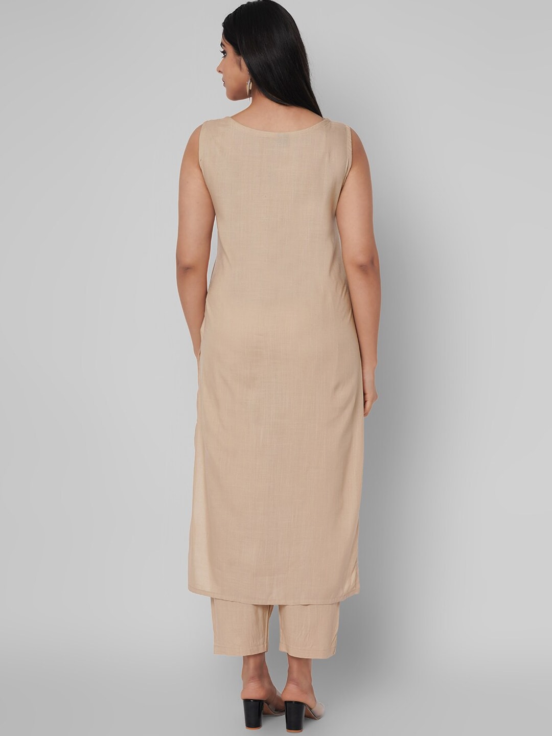 Kalini Women Beige Yoke Design Mirror Work Kurta with Trousers - Distacart