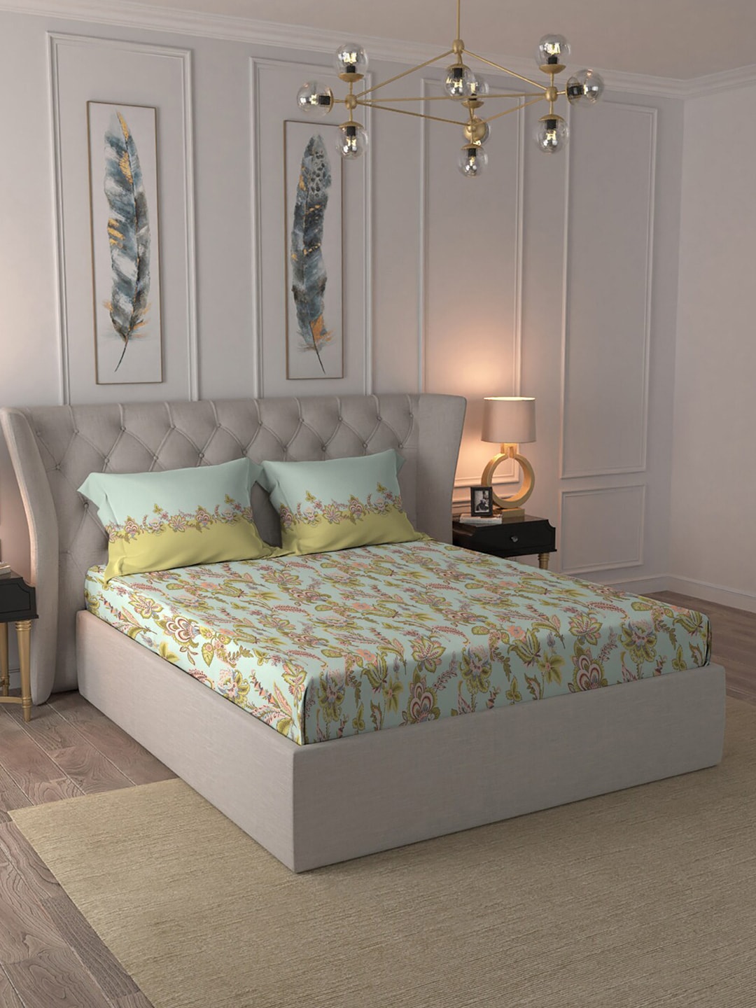 MYTRIDENT Blue White Floral Pure Cotton 144 TC Queen Bedsheet With 2 Pillow Covers - Distacart