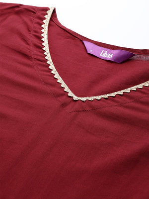Libas Maroon Angrakha Pure Cotton Kurta with Palazzos & With Dupatta - Distacart