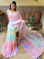 Thumbnail for Mitera Pink Striped Sequinned Detailed Pure Georgette Saree - Distacart