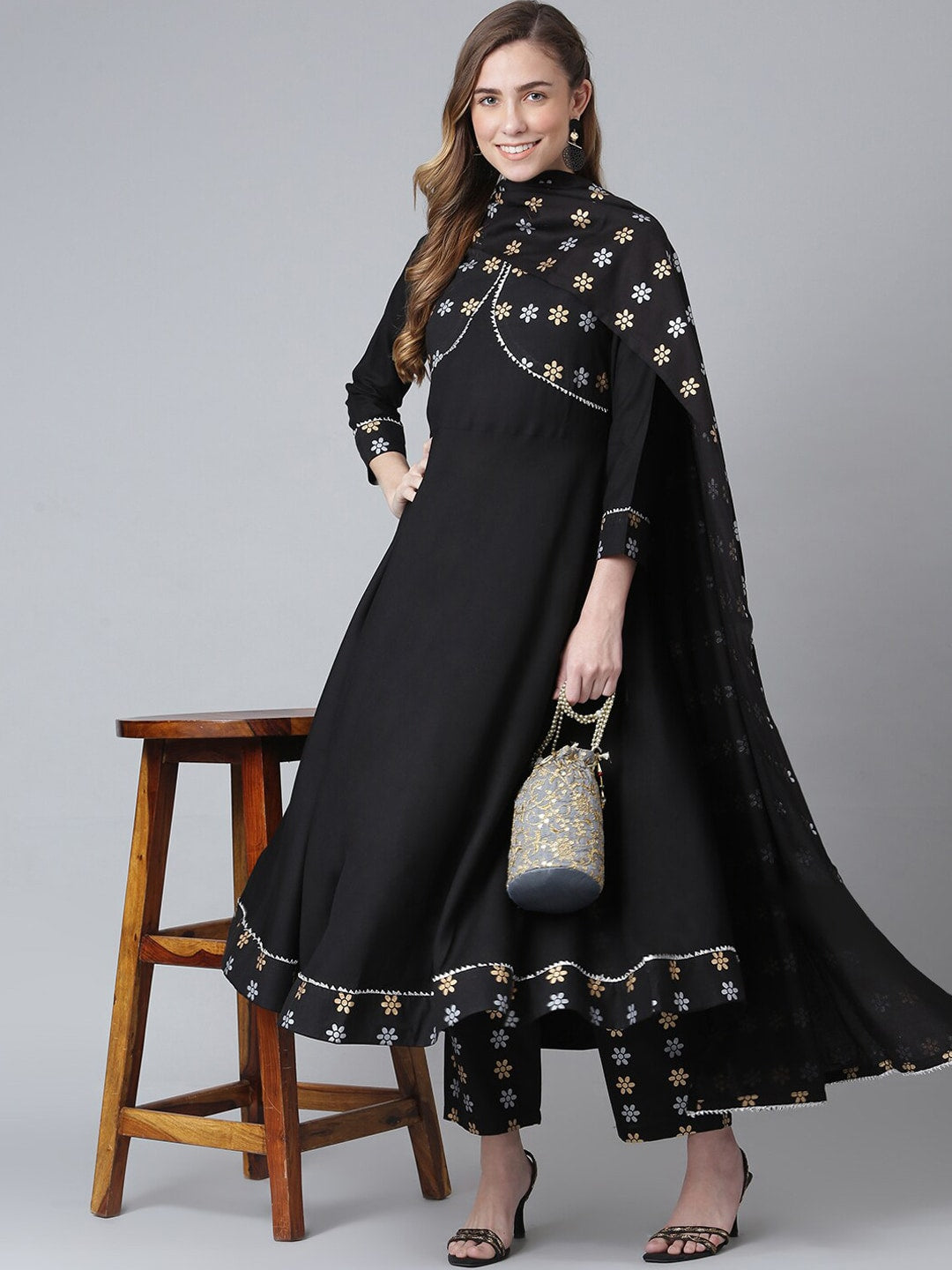 Khushal K Women Black Floral Yoke Design Kurta with Palazzos - Distacart