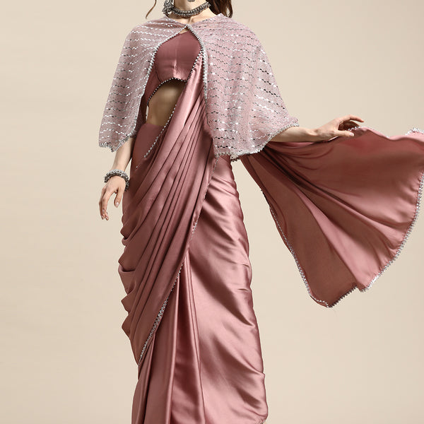 Tikhi Imli Trendy Mauve Sleek Poly Crepe Saree with Embellished Border & Cape - Distacart