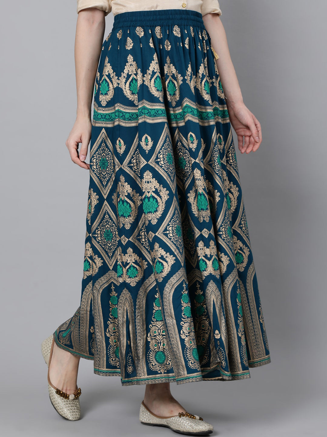 Jaipur Kurti Women Turquoise Blue & Gold-Coloured Printed Maxi-Length Skirt - Distacart