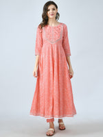 Thumbnail for Kalini Women Peach-Coloured Bandhani Printed Empire Gotta Patti Kurta Set - Distacart