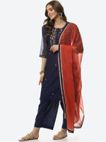 Thumbnail for Biba Women Navy Blue Floral Embroidered Kurta with Trousers & With Dupatta - Distacart