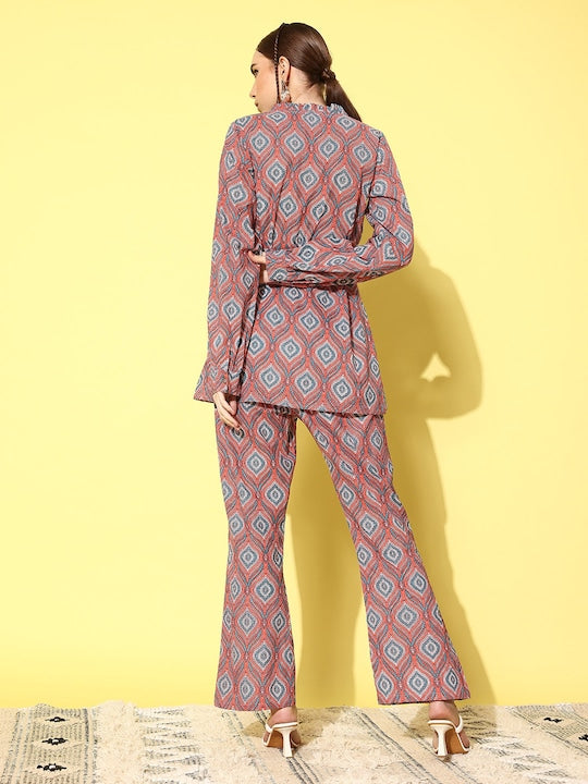 InWeave Women's Pink Blue Ogee Print Belted Coord Set - Distacart