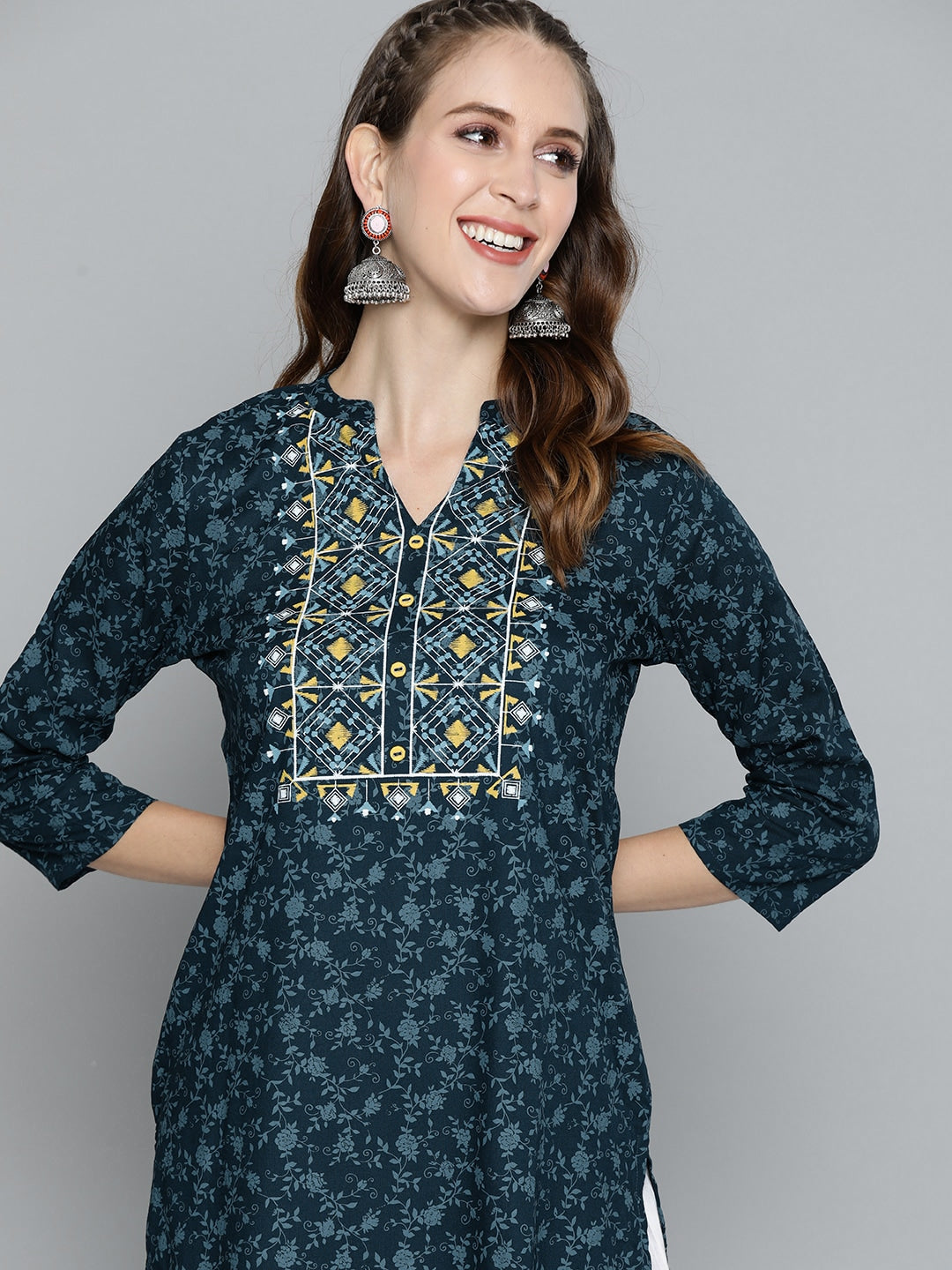 HERE&NOW Women Teal Blue Ethnic Motifs Printed Straight Kurta - Distacart