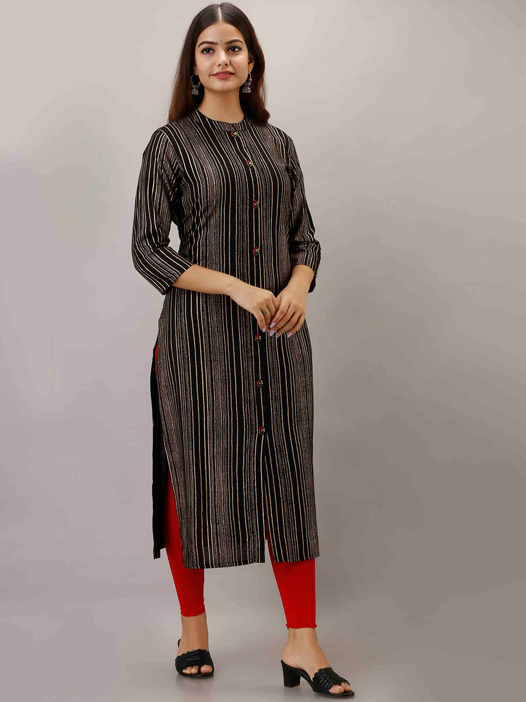 Kalini Women Black & Gold-Toned Striped Kurta - Distacart