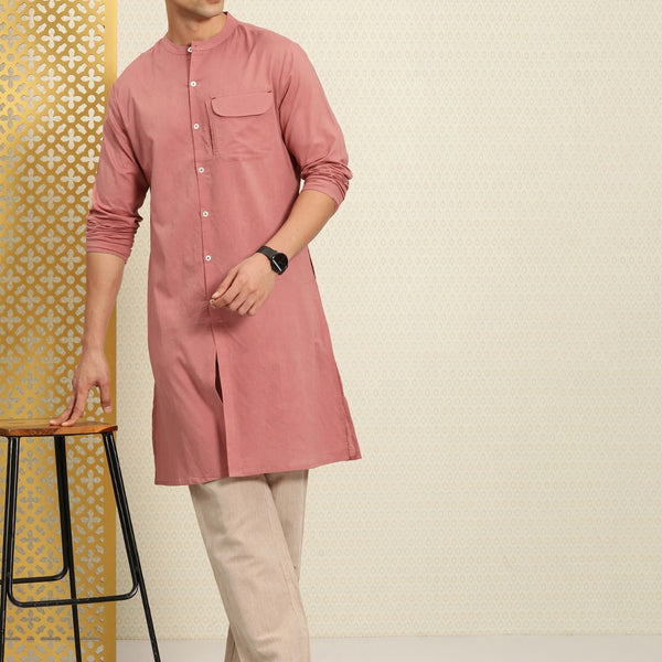 House of Pataudi Rozana Band Collar Pure Cotton Kurta - Distacart