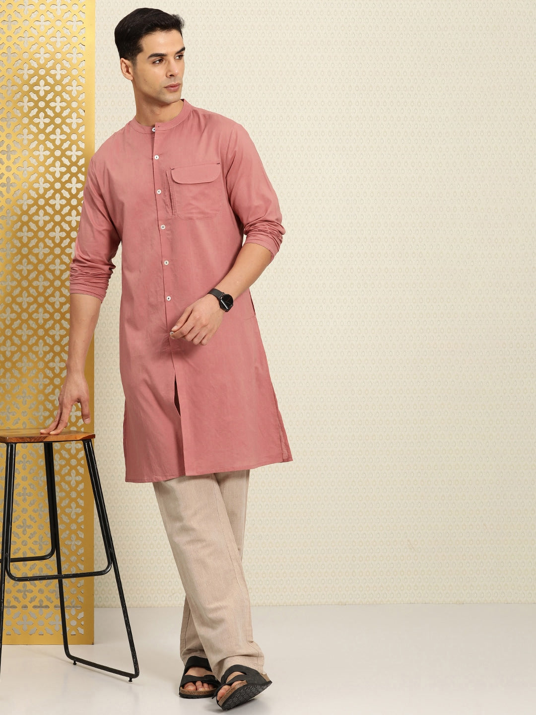 House of Pataudi Rozana Band Collar Pure Cotton Kurta - Distacart