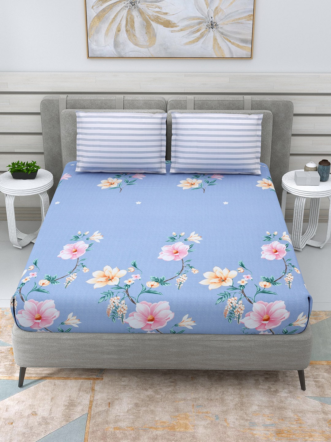 DREAM WEAVERZ Blue & Pink Floral Glazed Cotton 220 TC King Bedsheet with 2 Pillow Covers - Distacart