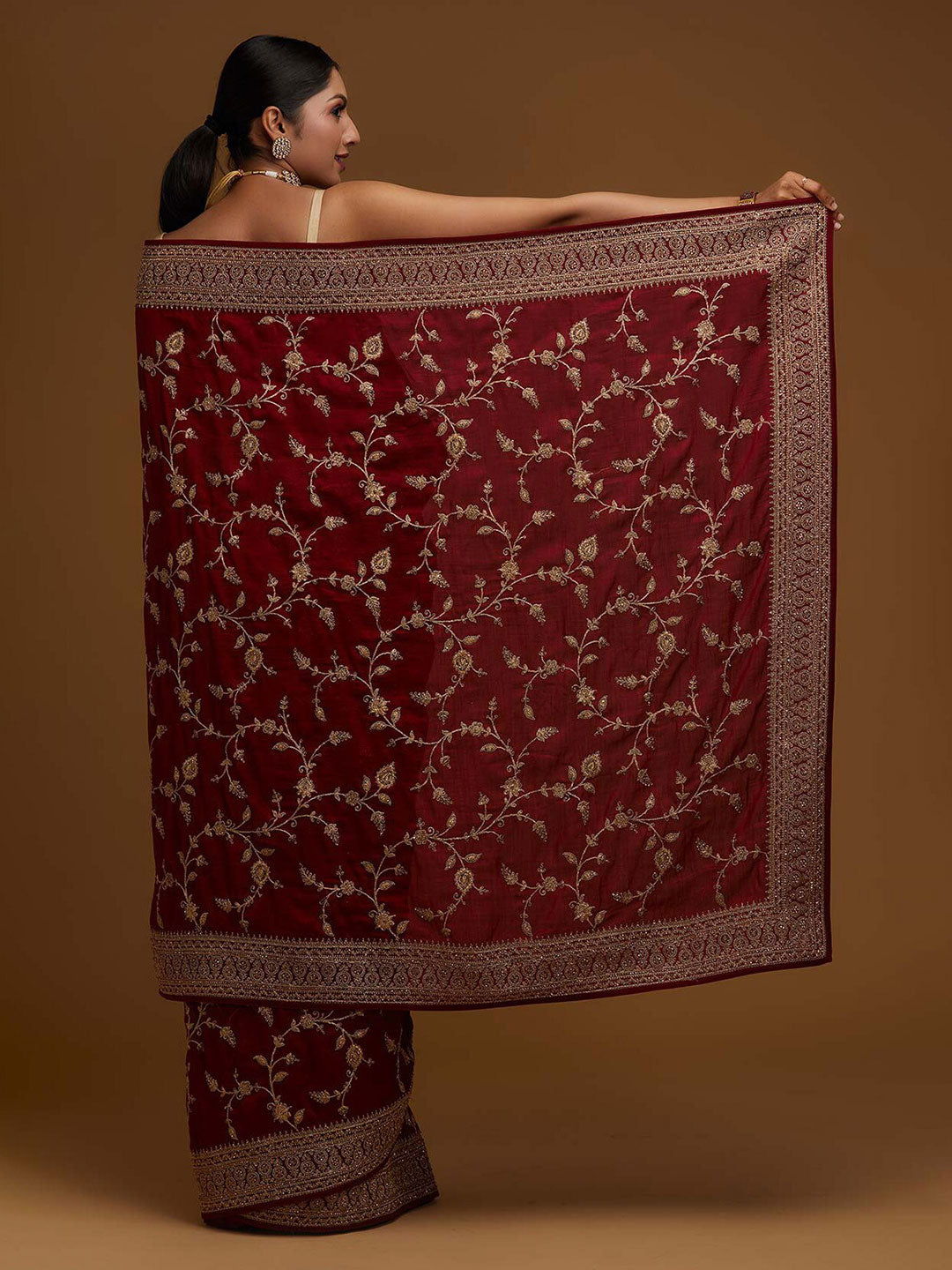 Koskii Maroon Floral Embroidered Art Silk Heavy Work Saree - Distacart