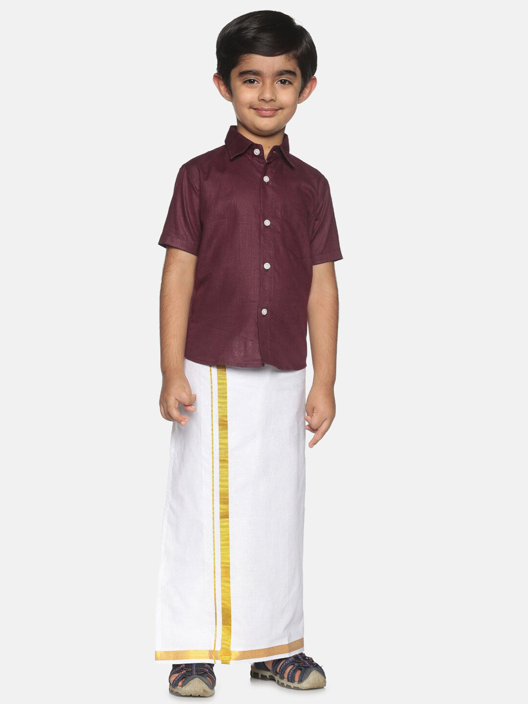 Sethukrishna Boys Maroon & White Pure Cotton Solid Shirt and Dhoti Set - Distacart