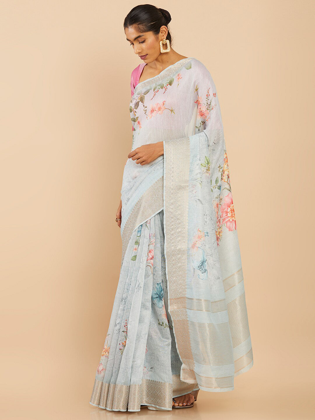 Soch Blue & Pink Floral Zari Art Silk Saree - Distacart