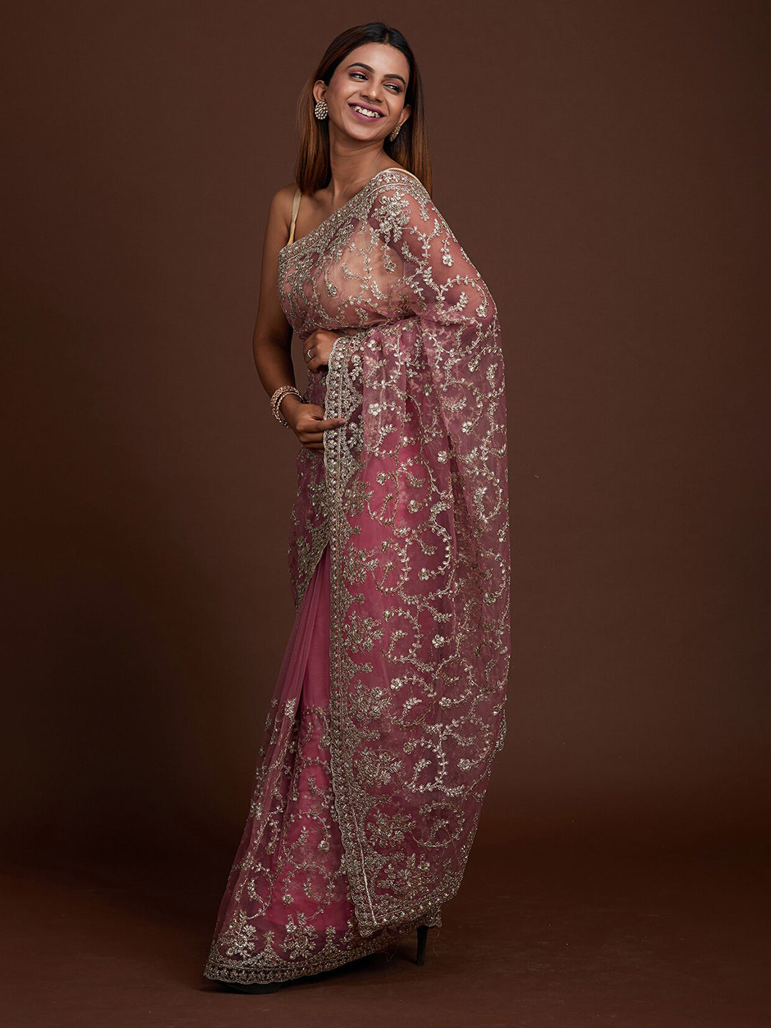 Koskii Pink & Silver-Toned Floral Zari Supernet Saree - Distacart