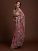 Thumbnail for Koskii Pink & Silver-Toned Floral Zari Supernet Saree - Distacart