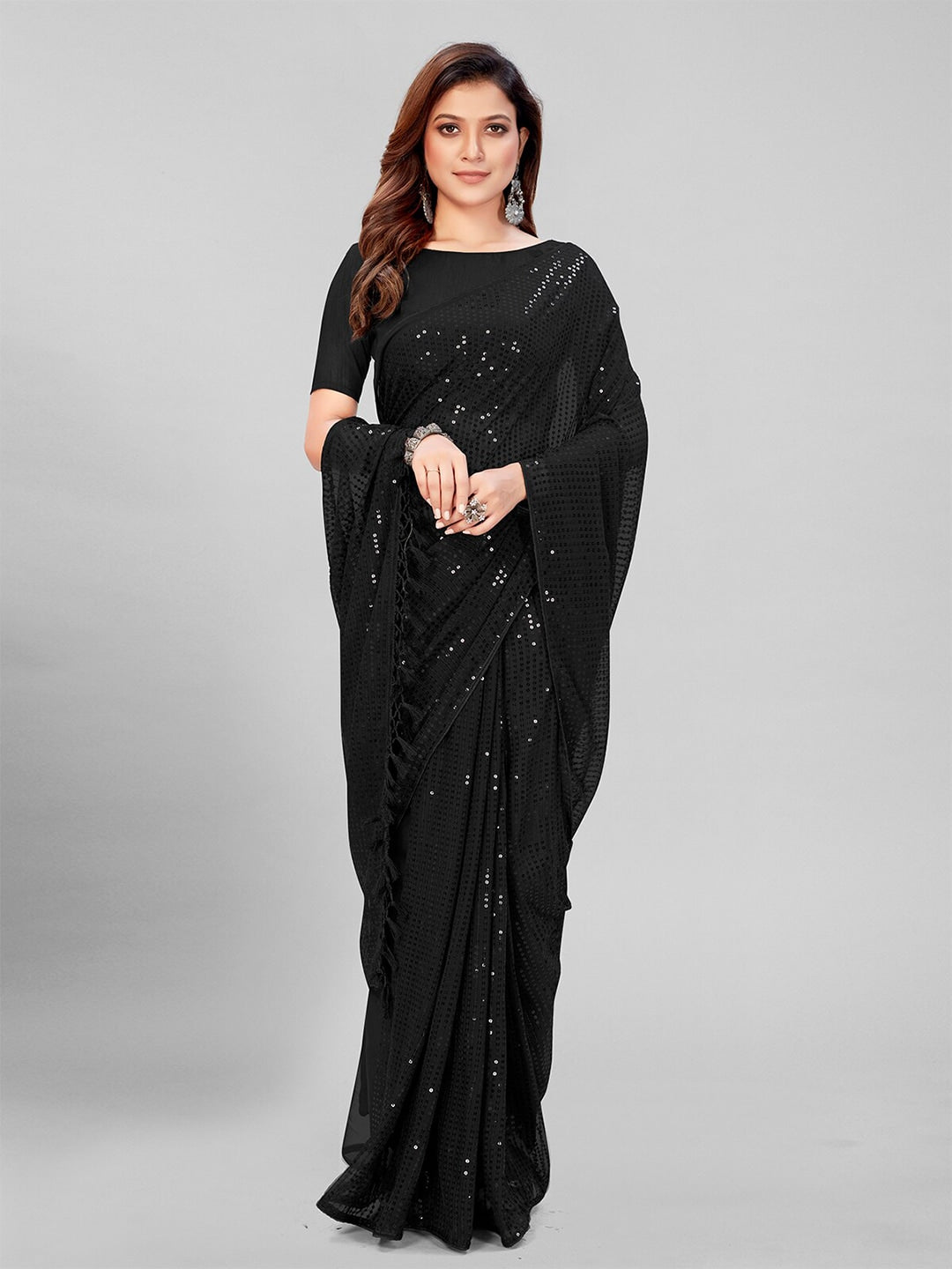 Mitera Black Sequin Embellished Pure Georgette Saree - Distacart
