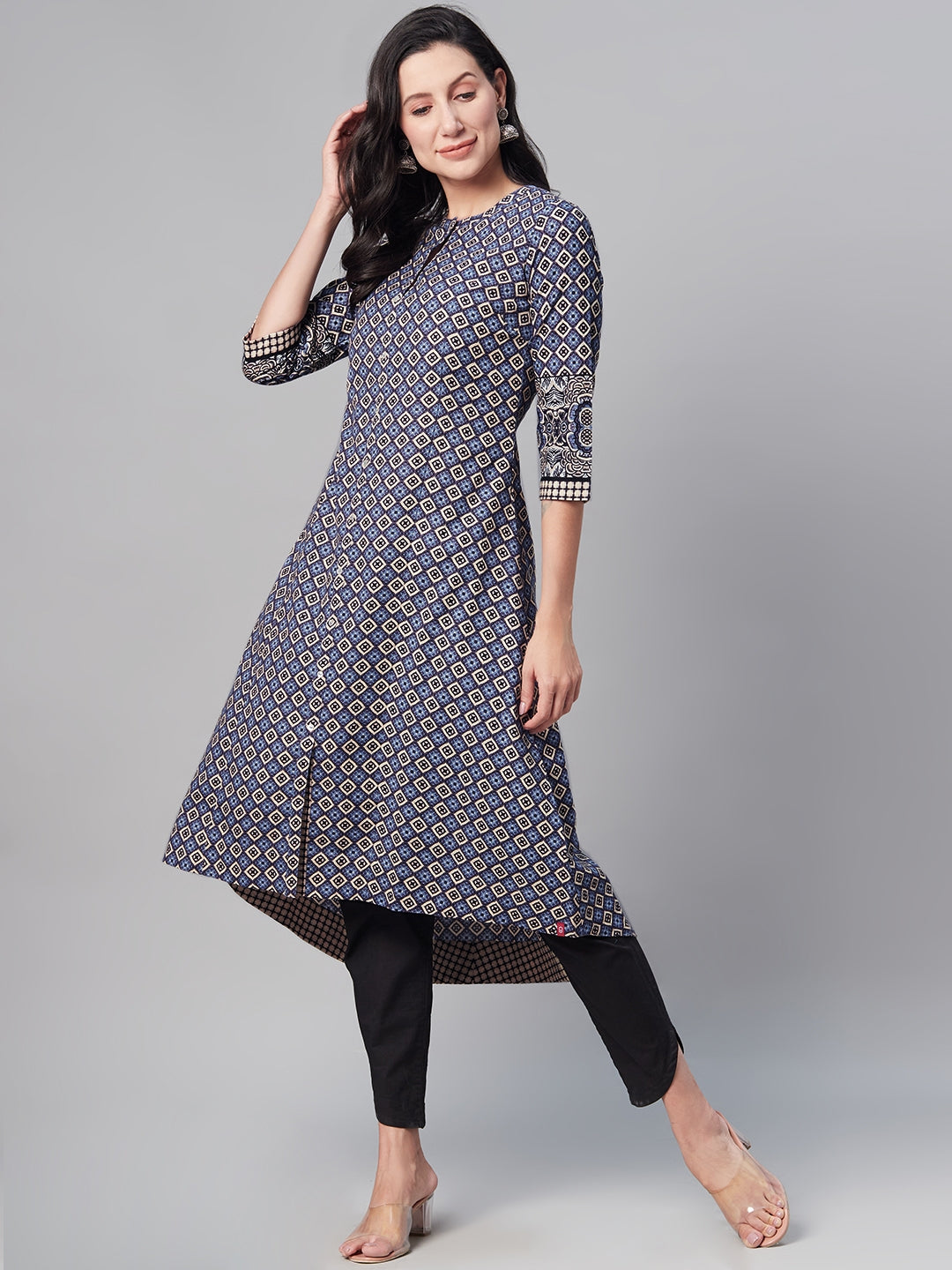 Biba Women Blue & Off White Geometric Printed Kurta - Distacart