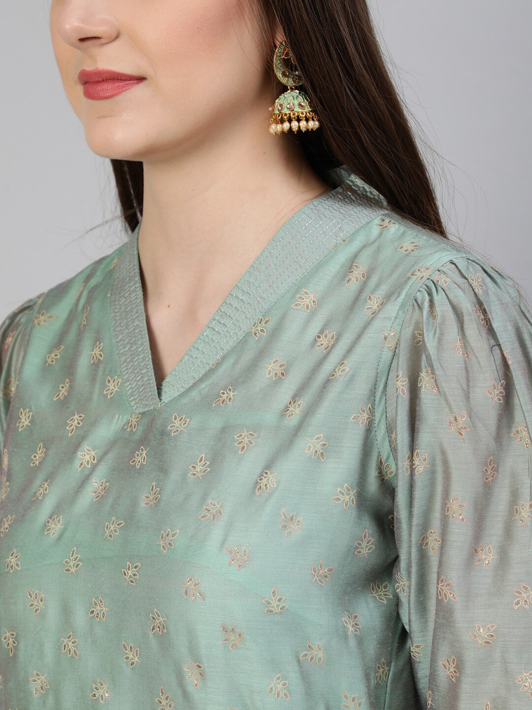 Jaipur Kurti Women Sea Green Floral Angrakha Chanderi Cotton Kurta with Trousers - Distacart