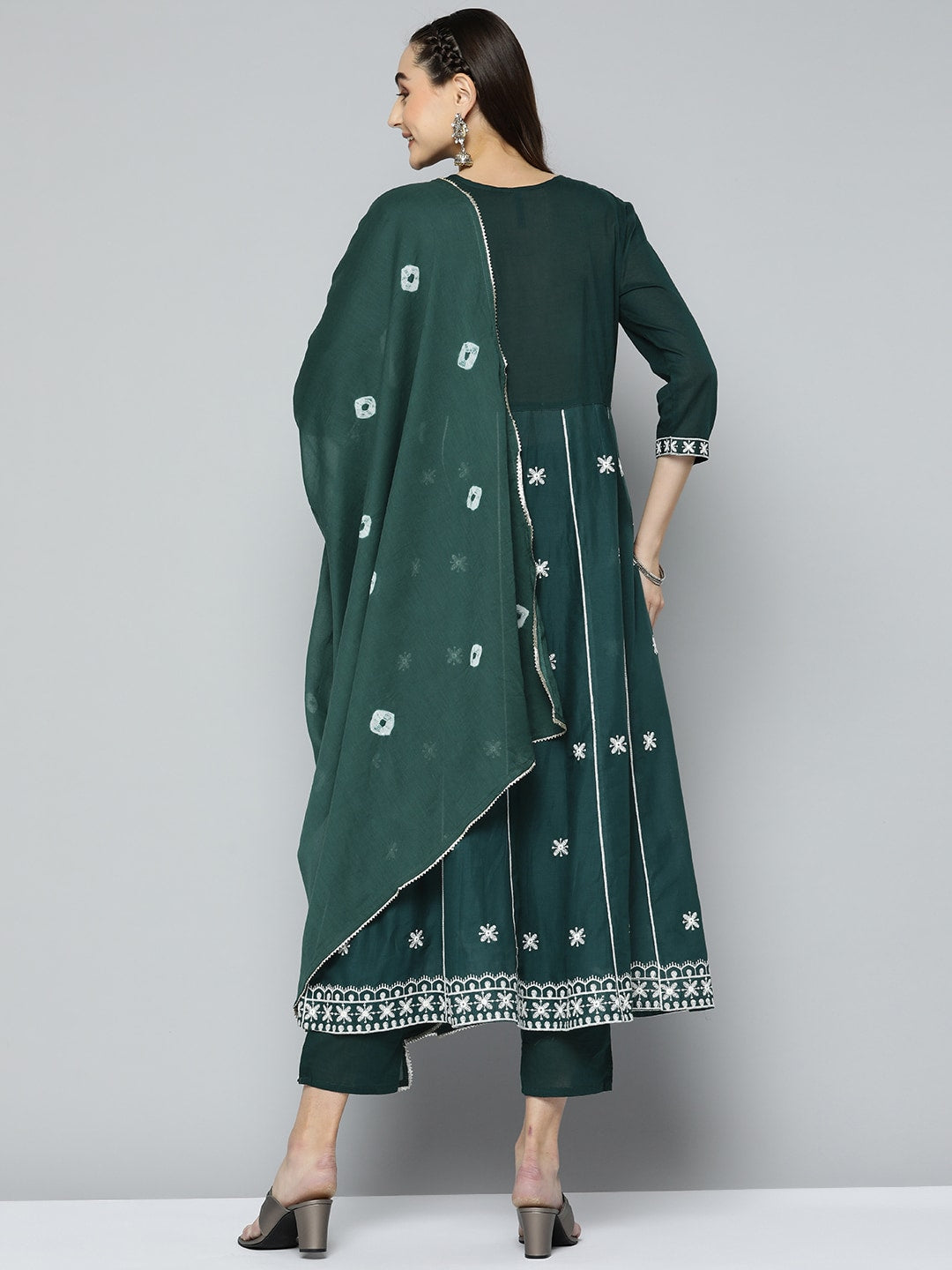 HERE&NOW Women Green & White Ethnic Motifs Embroidered Kurta with Trousers & With Dupatta - Distacart
