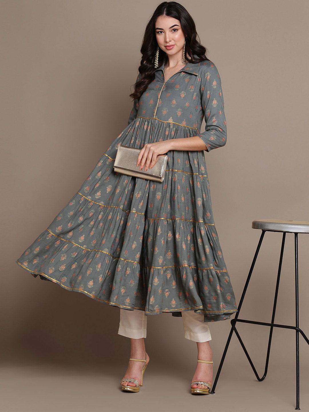 HERE&NOW Ethnic Motifs Printed Shirt Collar Tiered Pure Cotton A-Line Kurta - Distacart