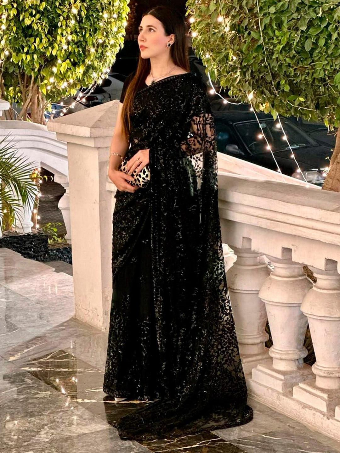 Sangria Embellished Sequinned Pure Georgette Saree - Distacart