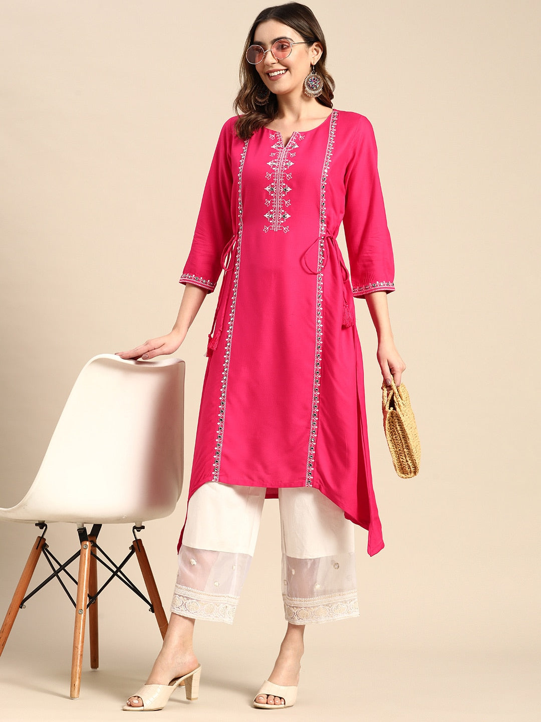 Sangria Floral Embroidered Mirror Work Kurta - Distacart