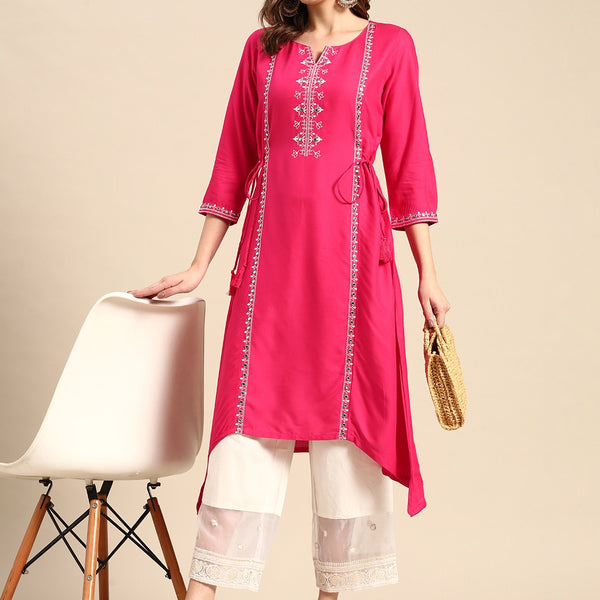 Sangria Floral Embroidered Mirror Work Kurta - Distacart