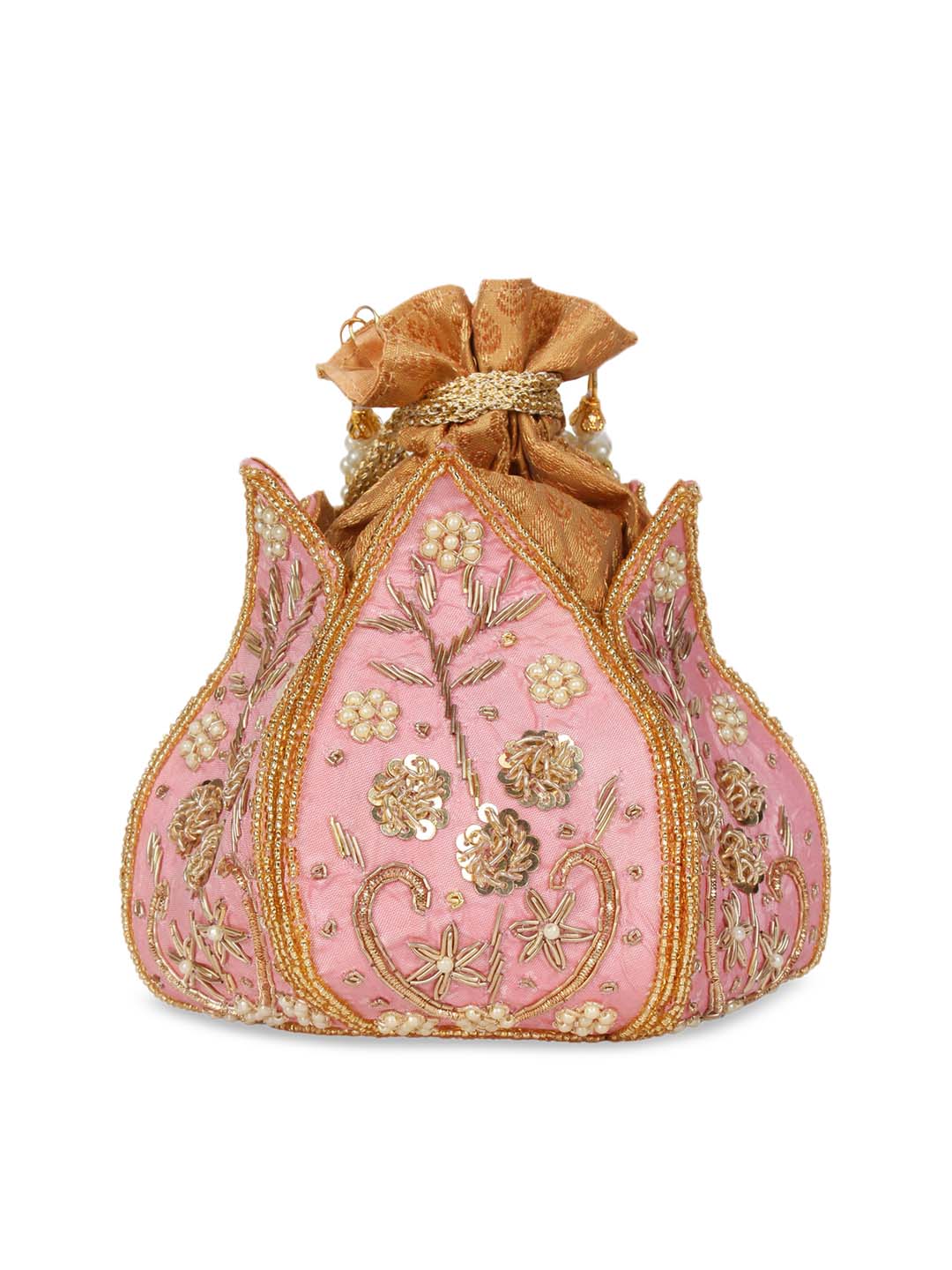 Anekaant Pink & Gold-Toned Embellished Tasselled Clutch - Distacart