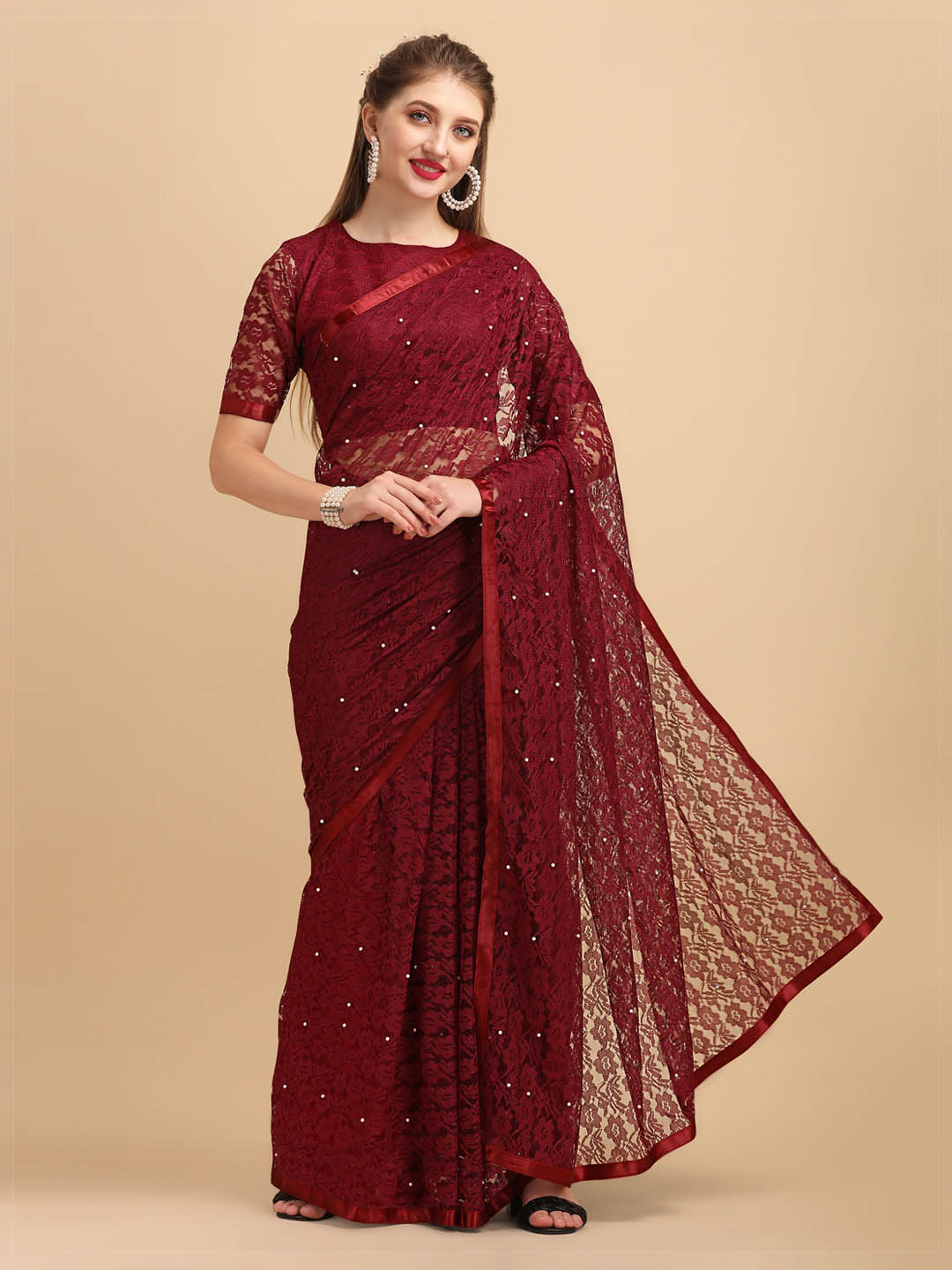 Sangria Maroon Floral Self Design Lace Saree - Distacart