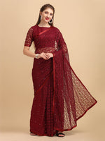 Thumbnail for Sangria Maroon Floral Self Design Lace Saree - Distacart