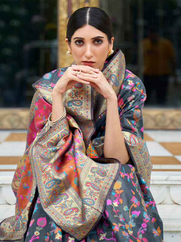 Mitera Grey & Pink Floral Silk Blend Banarasi Saree - Distacart