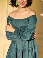 Thumbnail for Teal Viscose Solid Design Flared Dress - Shivani - Distacart