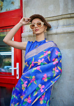 Thumbnail for Blue Satin Organza Floral Woven Design Saree With Unstitched Blouse Piece - Klay's - Distacart