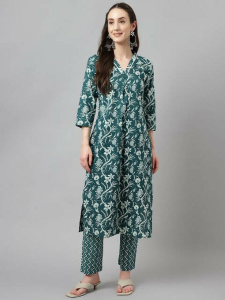 FIORRA Women's Teal Green Cotton A-Line Kurta Set - Distacart