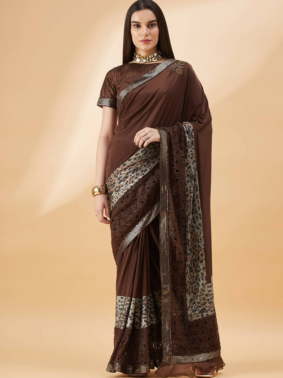 Brown Lycra Animal Print, Fancy Value Addition Fabric Saree - Norita Hit Design - Distacart