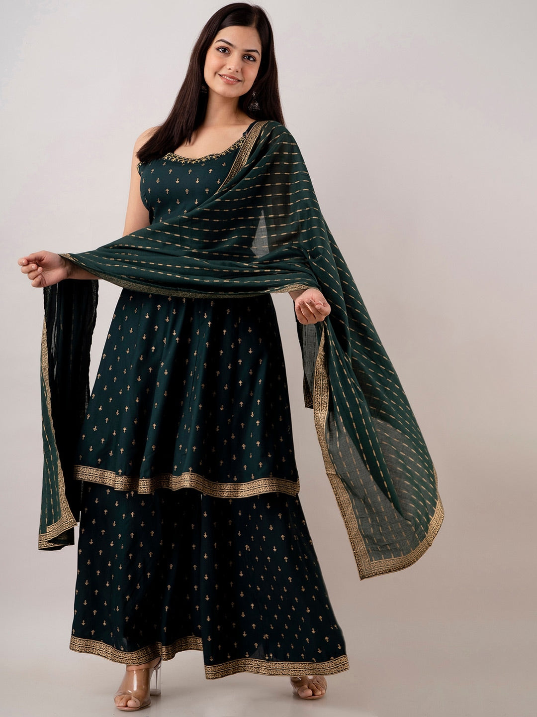 Kalini Women Floral Embroidered Kurta With Sharara & Dupatta - Distacart