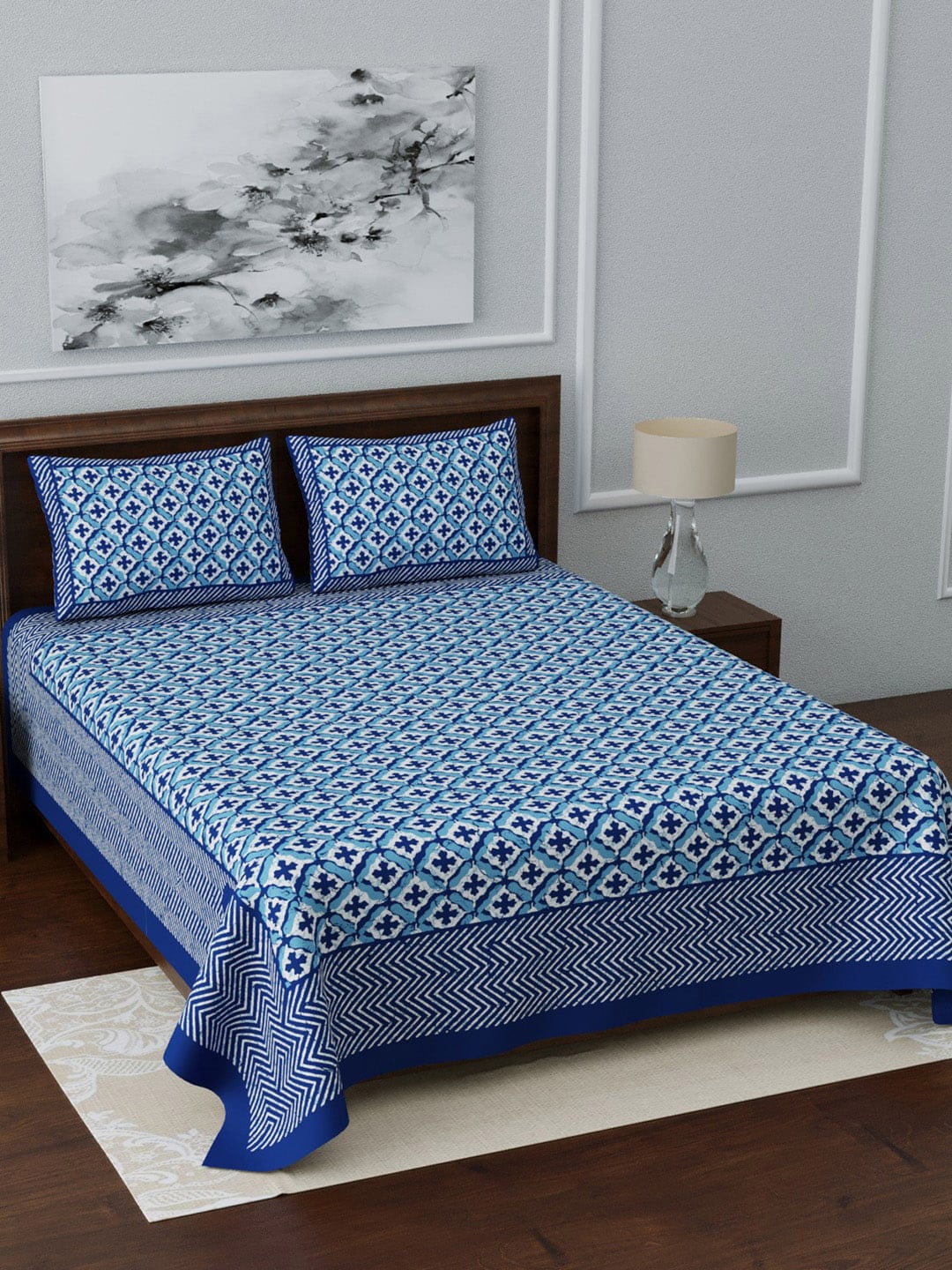 LIVING ROOTS Blue & White Ethnic Motifs 210 TC King Bedsheet With 2 Pillow Covers - Distacart