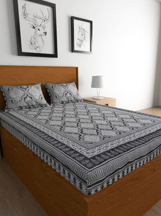 Urban Magic Grey & White Ethnic Printed Cotton 104 TC King Bedsheet with 2 Pillow Covers - Distacart