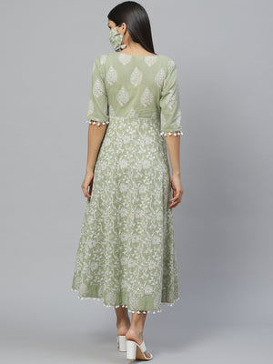 Libas Sage Green & Off-White Ethnic Motifs Printed Maxi Cotton Dress With Mask - Distacart