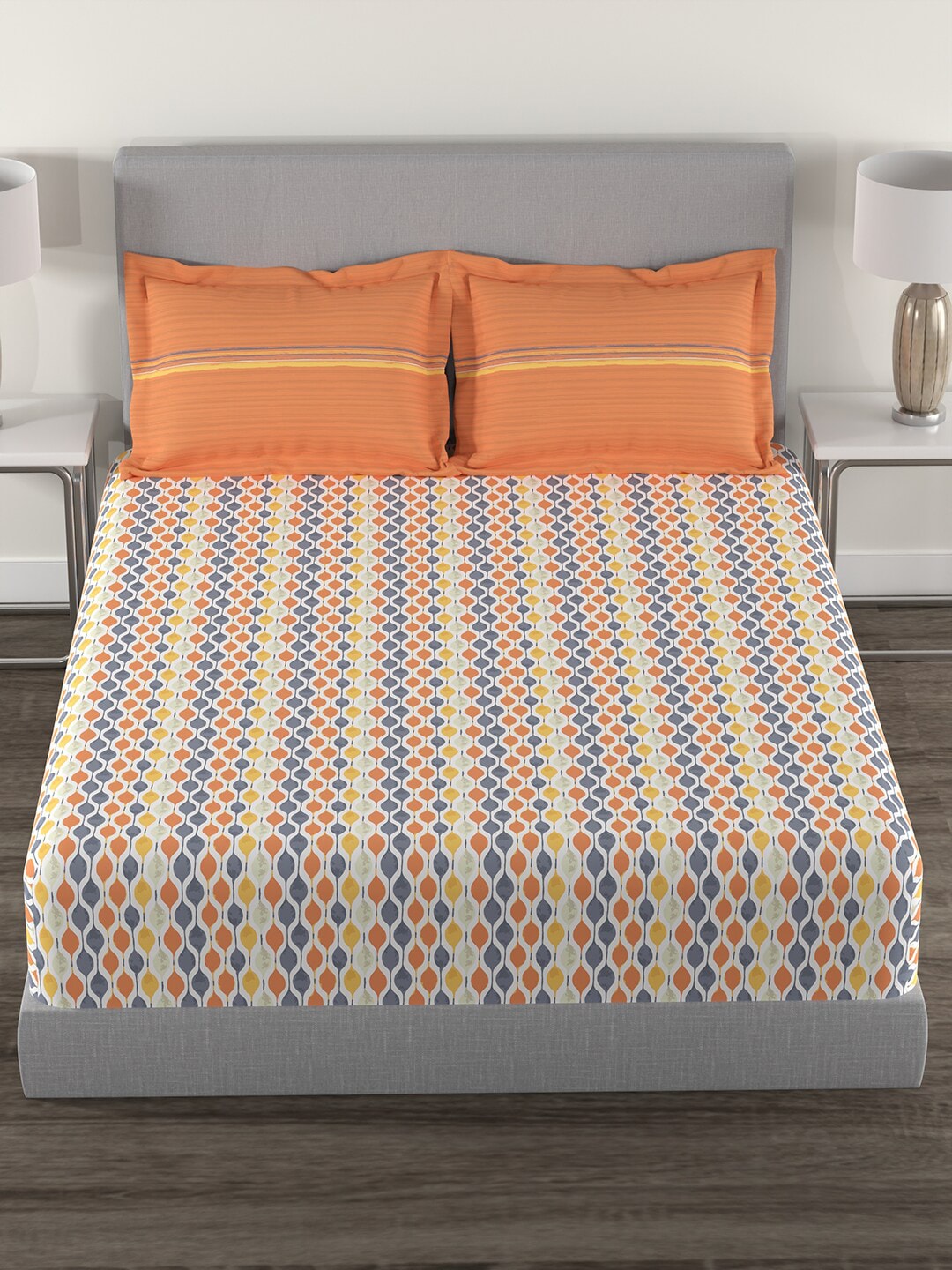MYTRIDENT Orange White Geometric Cotton 144 TC Queen Bedsheet With 2 Pillow Covers - Distacart