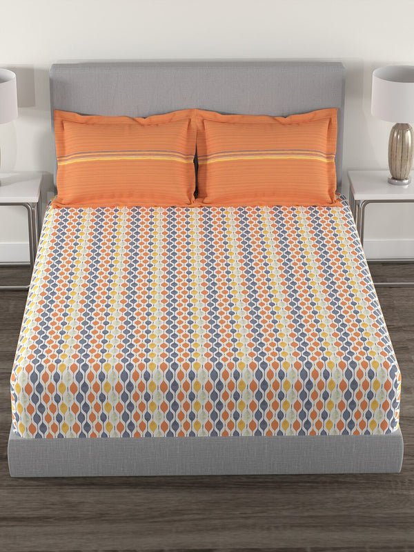 MYTRIDENT Orange White Geometric Cotton 144 TC Queen Bedsheet With 2 Pillow Covers - Distacart