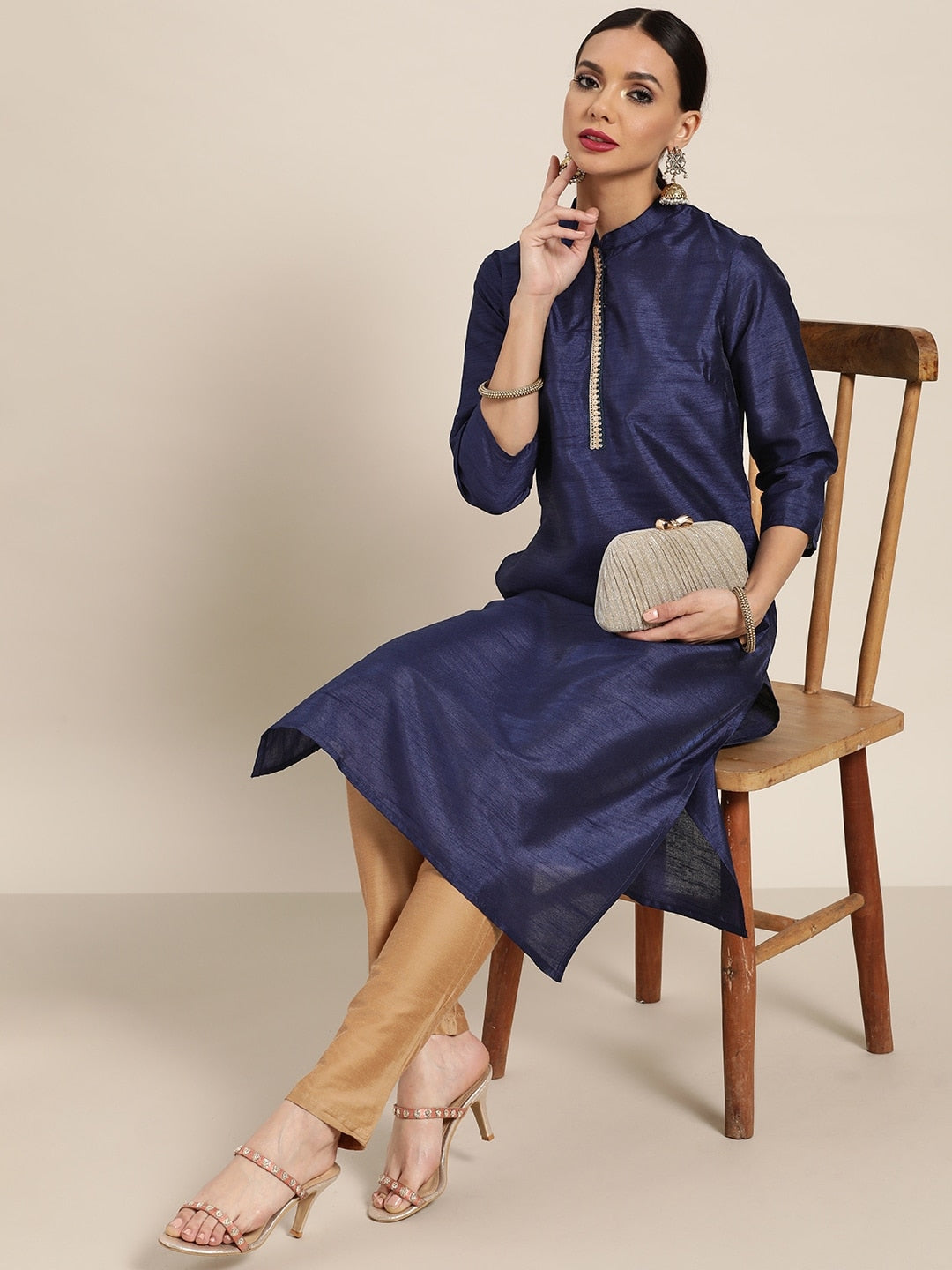 Sangria Women Navy Blue Solid Straight Kurta - Distacart