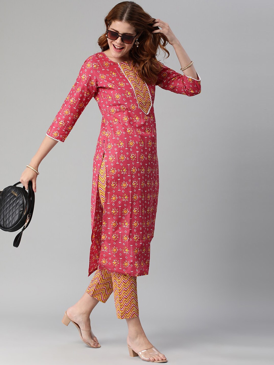 Kalini Ethnic Motif Printed Notched Neck Gotta Patti Straight Kurta With Trousers - Distacart