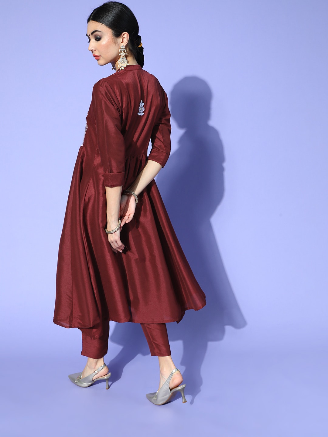 Sangria Women Maroon Ethnic Motifs Embroidered Yoke Design A-Line Kurta with Trousers - Distacart