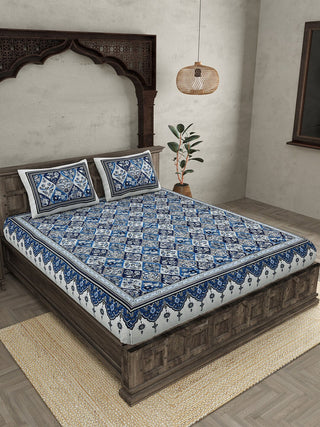 JAIPUR FABRIC Festival Waves Blue & White Cotton 210 TC Queen Bedsheet & 2 Pillow Covers - Distacart