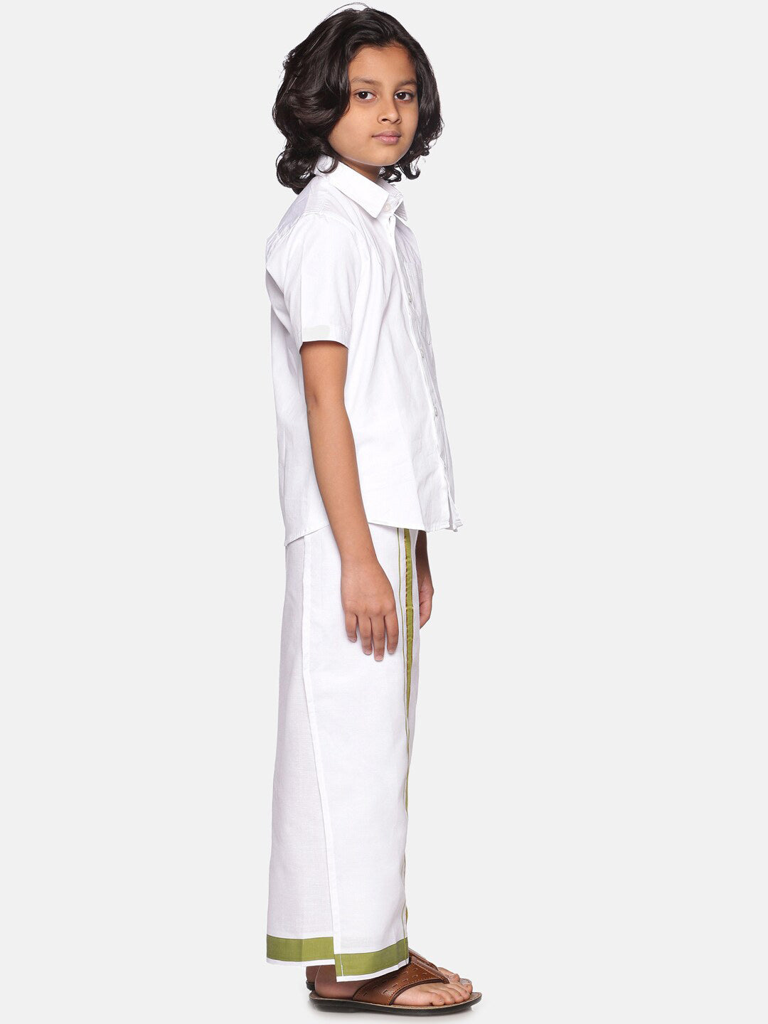 Sethukrishna Boys White & Green Cotton Shirt With Readymade Dhoti - Distacart