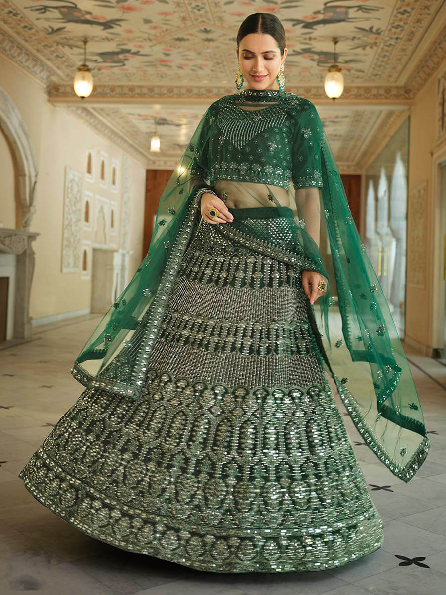Myra Green Soft Net Embroidered Lehenga - Distacart