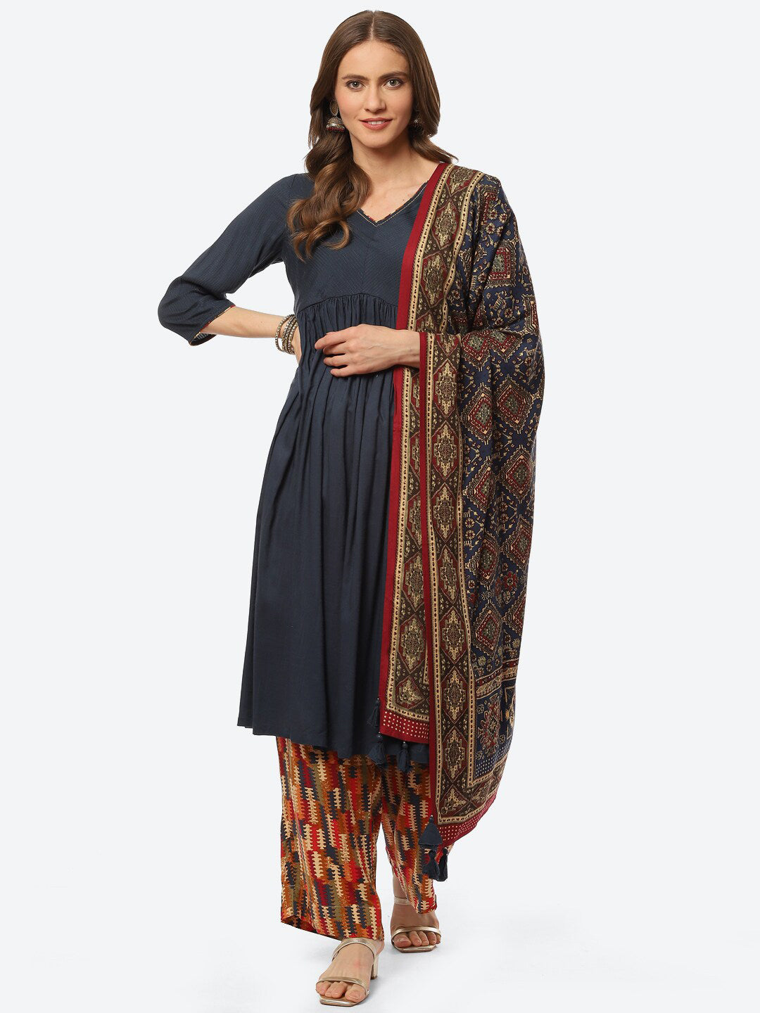 Biba Women Navy Blue Pleated Thread Work Kurta with Trousers & With Dupatta - Distacart