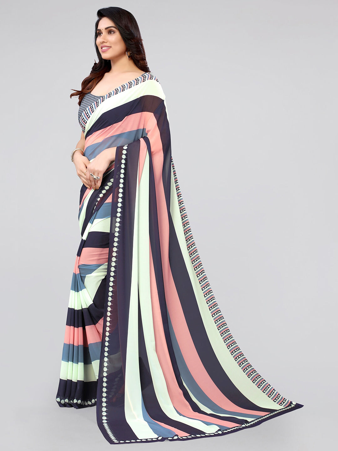 Kalini Pink & Blue Striped Saree - Distacart
